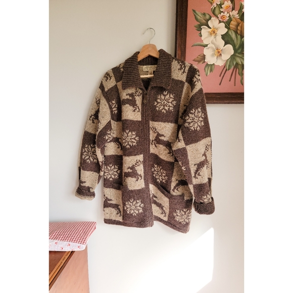 Vintage Wool Cowichan Style Sweater Wool Zip Front w/ Neutral Winter Patchwork - Picture 7 of 15
